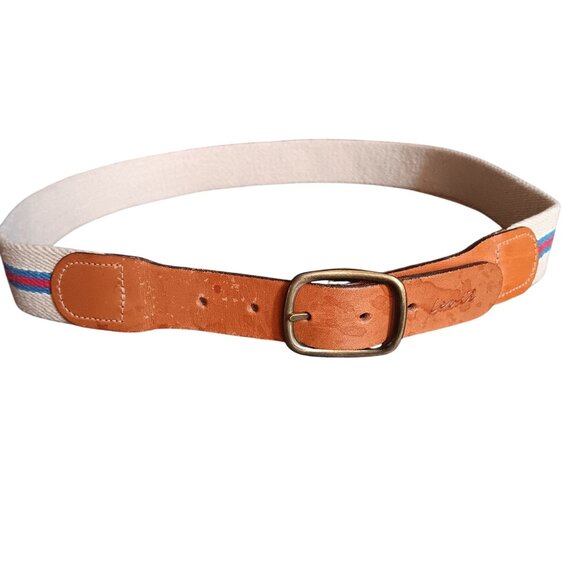 34 Vintage Belt Levi's Canvas Leather Brass Buckle Cream Preppy Stripe 1980's - Picture 1 of 5